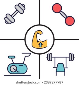 Fitness Icon. barbells, bicycles, strong arms. Great for athletes, health, social media etc. Vector. Editable