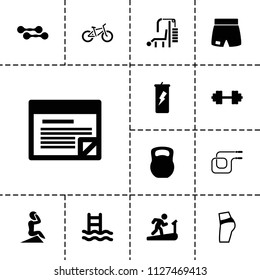 Fitness icon. collection of 13 fitness filled icons such as barbell   isolated, plan, man on treadmill, protein powder. editable fitness icons for web and mobile.
