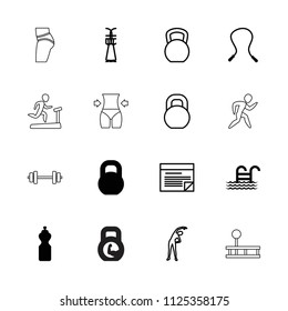 Fitness icon. collection of 16 fitness filled and outline icons such as skipping rope, barbell, pool ladder, exercising. editable fitness icons for web and mobile.