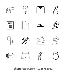Fitness icon. collection of 16 fitness outline icons such as exercising, floor scales, pear, barbell, running, plan, kettle. editable fitness icons for web and mobile.