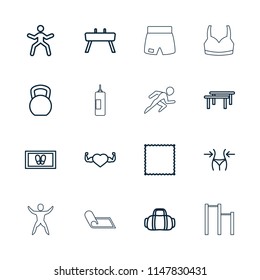 Fitness icon. collection of 16 fitness outline icons such as slim, carpet, foot carpet, kettle bell, horizontal bar. editable fitness icons for web and mobile.