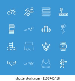 Fitness icon. collection of 16 fitness outline icons such as yoga, heart rate watch, swimming ladder, heart with muscles, running. editable fitness icons for web and mobile.