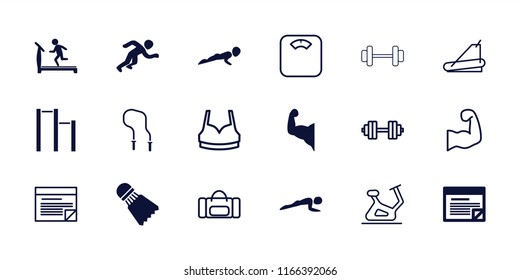 Fitness icon. collection of 18 fitness filled and outline icons such as treadmill, running, shuttlecock, plan, exercise bike. editable fitness icons for web and mobile.
