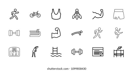 Fitness icon. collection of 18 fitness outline icons such as exercising, sport bra, man doing exercises, shuttlecock. editable fitness icons for web and mobile.