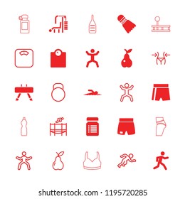 Fitness icon. collection of 25 fitness filled and outline icons such as pear, running, squat, shuttlecock, slim, sport shorts. editable fitness icons for web and mobile.