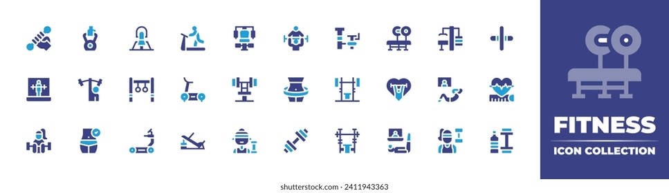 Fitness icon collection. Duotone color. Vector and transparent illustration. Containing exercise, trainer, roller, treadmill, dumbbells, fitness, gym station, gym, weightlifting, physical wellbeing.