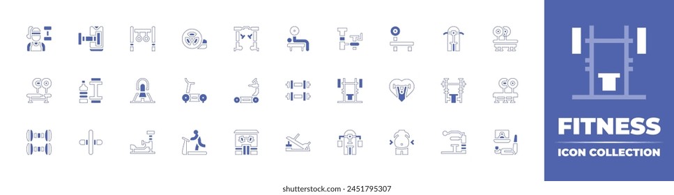 Fitness icon collection. Duotone style line stroke and bold. Vector illustration. Containing roller, treadmill, fitness, gym machine, online fitness, exercise, bench, weightlifting, dumbbell, weight.