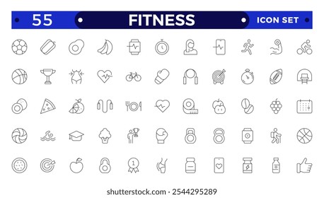 Fitness icon collection. Related to healthy lifestyle, diet, exercise, filled icon set, glyph for web and ui. Outline icons set. Vector illustration.