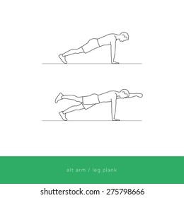 Fitness Icon doing the alt arm and leg plank workout. Fitness instruction. To use for workout instructions. Vector and illustration design. 