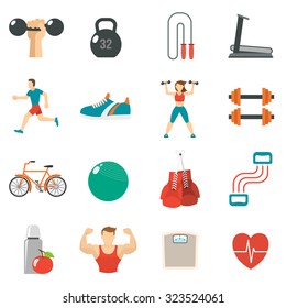 Fitness icon flat set with treadmill dumbbells running man isolated vector illustration