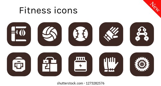  fitness icon set. 10 filled fitness icons. Simple modern icons about  - Punching bag, Volleyball, Tennis, Gloves, Barbell, Boxer, Protein, Bicycle