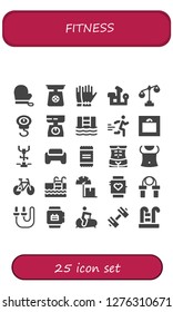  fitness icon set. 25 filled fitness icons. Simple modern icons about  - Gloves, Scale, Bench press, Swimming pool, Runner, Weight, Stationary bike, Gym, Powder, Human body, Abs