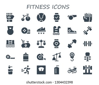 fitness icon set. 30 filled fitness icons.  Collection Of - Glove, Bike, Tennis ball, Smartwatch, Whistle, Gloves, Dumbbell, Weight, Sport shoe, Swimming pool, Sneakers, Sport