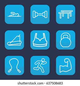 Fitness icon. set of 9 outline fitness icons such as barbell, sport bra, treadmill, running, swimmer, muscular arm, horizontal bar