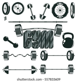 Fitness icon set with barbell and ez-bar curl, dumbbell and composing dumbbell, kettlebell and pancakes, monochrome style on white background, vector