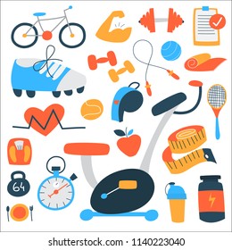 Fitness icon set. Beautiful sport stickerpack with bicycle, stopwatch, bottle and other equipment. Abstract flat vector illustration