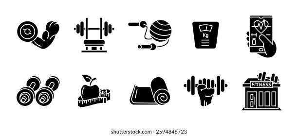 Fitness icon set black. Workout, training and exercise symbols collection. Strength, weightlifting, yoga and cardio illustration. Gym, health and wellness pictogram. Sport and bodybuilding glyph.