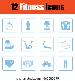 Fitness icon set. Blue frame design. Vector illustration.