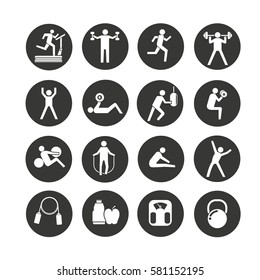 Fitness Icon Set In Circle Buttons