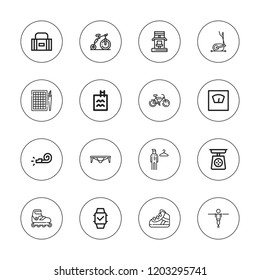 Fitness icon set. collection of 16 outline fitness icons with bike, elliptical, fitness, fitting room, mat, gym station, scale, smartwatch, sport bag, shoe icons.