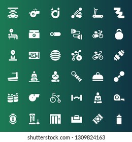 fitness icon set. Collection of 36 filled fitness icons included Punching bag, Rug, Gym bag, Lift, Strength, Smartwatch, Measuring tape, Meditation, Barbell, Bicycle, Whistle