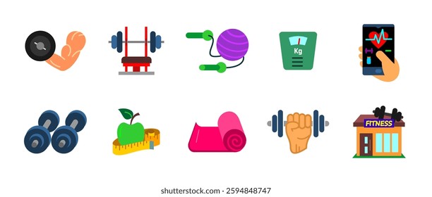 Fitness icon set colored. Workout, training and exercise symbols collection. Strength, weightlifting, yoga and cardio vector illustration. Gym, health and wellness pictogram. Sport colorful concept.