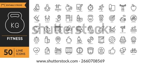 Fitness icon set. Containing exercise, workout, strength, endurance, health, wellness, cardiovascular, muscle and more. Editable stroke. vector illustration