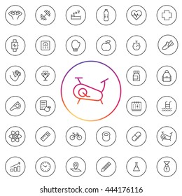 Fitness Icon Set. Contains elements as water bottle, medical sign, supplements, swimming, pool. Tools as stopwatch, weight scale, whistle, bicycle, bag, box gloves, calendar. UI elements and etc..
