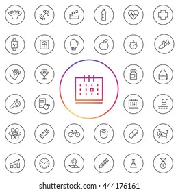 Fitness Icon Set. Contains elements as water bottle, medical sign, supplements, swimming, pool. Tools as stopwatch, weight scale, whistle, bicycle, bag, box gloves, calendar. UI elements and etc..