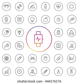 Fitness Icon Set. Contains elements as water bottle, medical sign, supplements, swimming, pool. Tools as stopwatch, weight scale, whistle, bicycle, bag, box gloves, calendar. UI elements and etc..