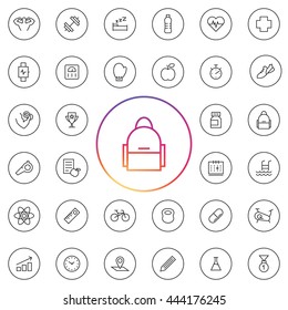 Fitness Icon Set. Contains elements as water bottle, medical sign, supplements, swimming, pool. Tools as stopwatch, weight scale, whistle, bicycle, bag, box gloves, calendar. UI elements and etc..