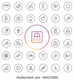 Fitness Icon Set. Contains elements as water bottle, medical sign, supplements, swimming, pool. Tools as stopwatch, weight scale, whistle, bicycle, bag, box gloves, calendar. UI elements and etc..