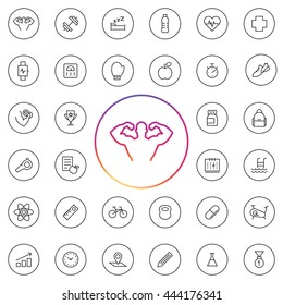 Fitness Icon Set. Contains elements as water bottle, medical sign, supplements, swimming, pool. Tools as stopwatch, weight scale, whistle, bicycle, bag, box gloves, calendar. UI elements and etc..