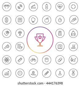 Fitness Icon Set. Contains elements as water bottle, medical sign, supplements, swimming, pool. Tools as stopwatch, weight scale, whistle, bicycle, bag, box gloves, calendar. UI elements and etc..