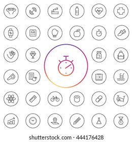 Fitness Icon Set. Contains elements as water bottle, medical sign, supplements, swimming, pool. Tools as stopwatch, weight scale, whistle, bicycle, bag, box gloves, calendar. UI elements and etc..