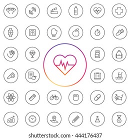 Fitness Icon Set. Contains elements as water bottle, medical sign, supplements, swimming, pool. Tools as stopwatch, weight scale, whistle, bicycle, bag, box gloves, calendar. UI elements and etc..