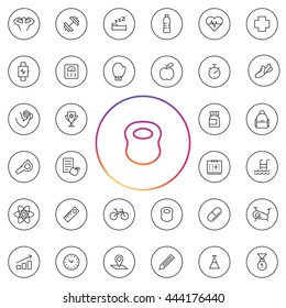Fitness Icon Set. Contains elements as water bottle, medical sign, supplements, swimming, pool. Tools as stopwatch, weight scale, whistle, bicycle, bag, box gloves, calendar. UI elements and etc..