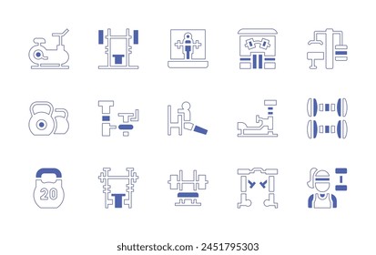 Fitness icon set. Duotone style line stroke and bold. Vector illustration. Containing gym, virtual reality fitness, fitness, gym machine, kettlebell, training, stationary bike, dumbbell.