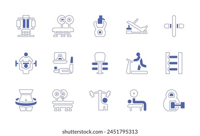 Fitness icon set. Duotone style line stroke and bold. Vector illustration. Containing exercise, trainer, roller, treadmill, dumbbells, weightlifting, fitness, gym machine, online fitness, ladder.