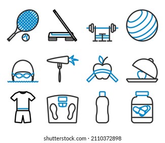 Juego de iconos de fitness. Contorno de negrita editable con diseño de relleno de color. Ilustración vectorial.