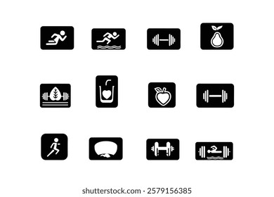 
Fitness Icon Set: Editable Line Icons Representing Exercise, Nutrition, and Sports Equipment. Vector Illustration.