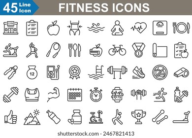 The fitness icon set features minimalist, monochrome symbols representing exercises and equipment like dumbbells, running shoes, and yoga poses.