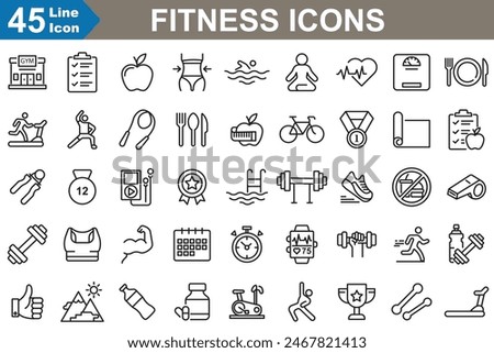 The fitness icon set features minimalist, monochrome symbols representing exercises and equipment like dumbbells, running shoes, and yoga poses.