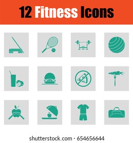 Fitness icon set. Green on gray design. Vector illustration.