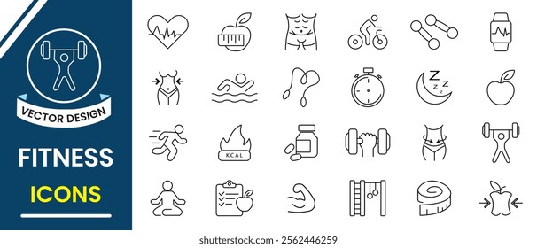 Fitness icon set. Gym and fitness line icon, vector set design for app, website, logo. Physical activity, Gym, exercise, sports equipment, exercises icon. Vector illustration.