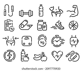 Juego de iconos de fitness. Ejercicio gimnástico para el pictograma de salud para la web. Icono de línea. Iconos deportivos aislados en fondo blanco. Vector eps10