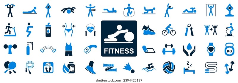 Juego de iconos de fitness, señales de entrenamiento de gimnasia, símbolos de yoga, colección de iconos de atletismo - vector de stock