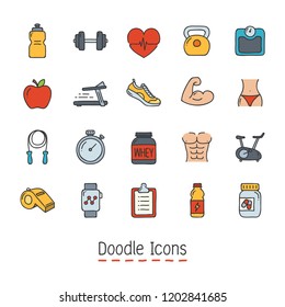 Fitness Icon Set. Hand Drawn Doodle Icon. 