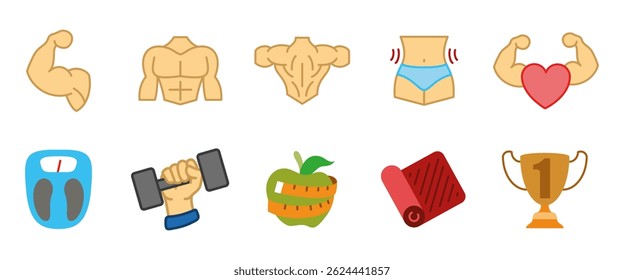 Fitness icon set. Health and workout cartoon vector illustration. Muscle, scale, dumbbell and trophy colorful symbols. Gym training, diet control and active lifestyle colored pictograms.