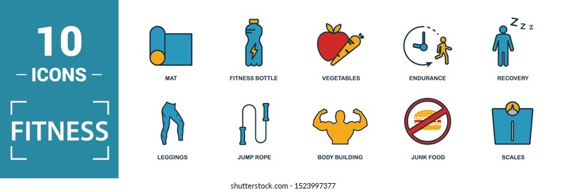 Fitness icon set. Include creative elements pool swimming, calories burn, water, junk food, recovery icons. Can be used for report, presentation, diagram, web design.